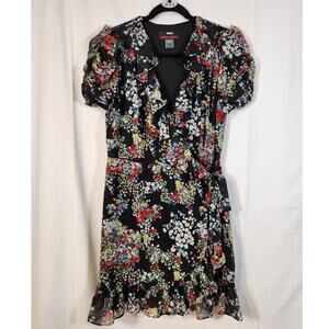 Miss Sixty M60 $120 Size 12 Black Lined Ditsy Spring Floral Ruffle Wrap Dress